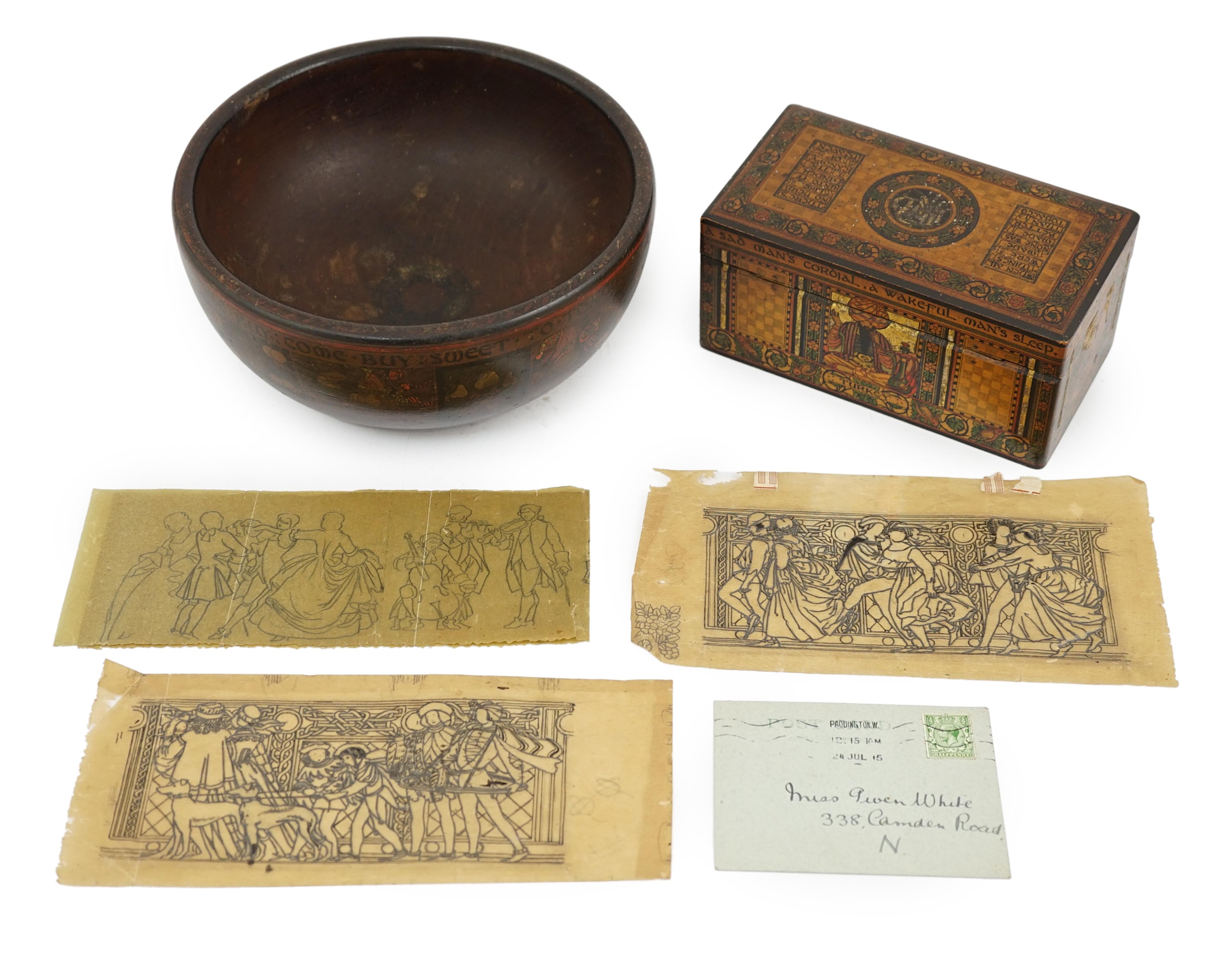 Gwendolen White (British, fl.1910-1915), Tobacco box and a fruit bowl, illuminated white wood